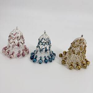 3 Antique Silver Pink Mercury Glass Beads Bell Wired Mesh Hanging Christmas 1900